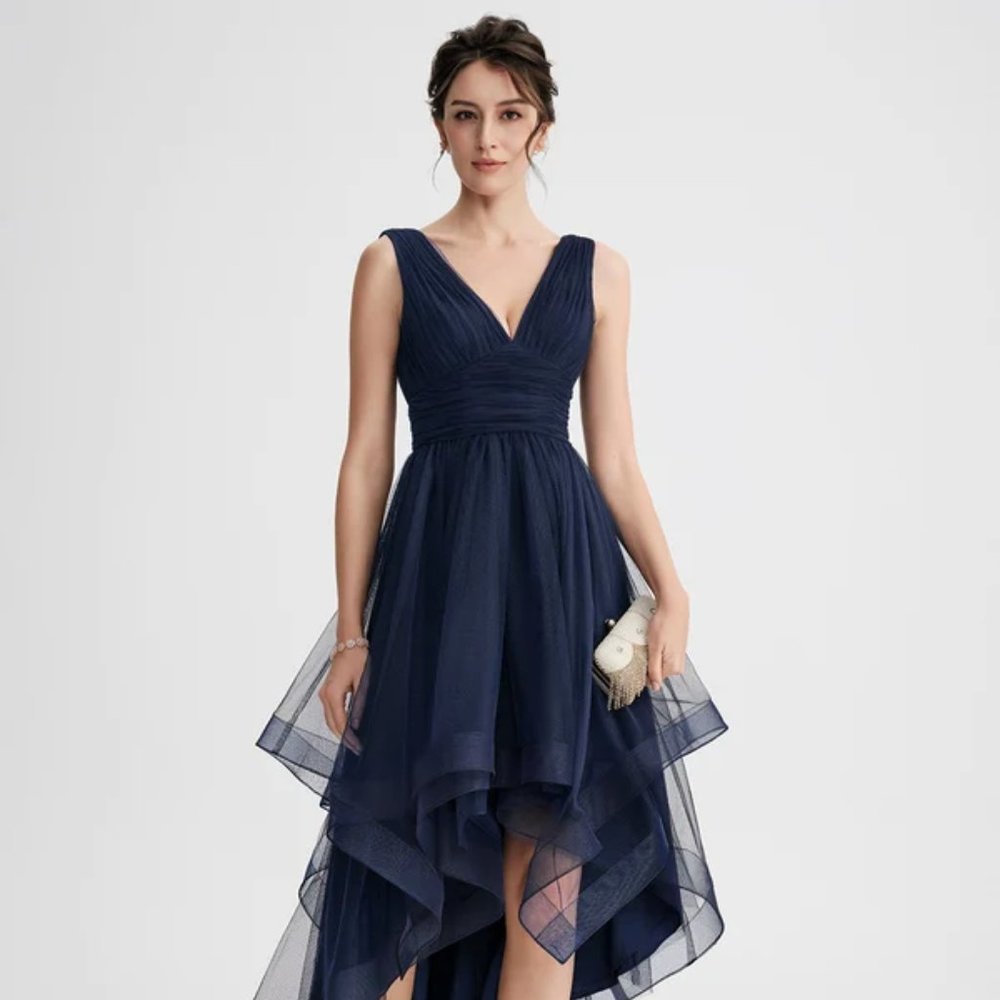 Blk A-line V-Neck Asymmetrical Tulle Cocktail Dress With Cascading Ruffles sz 10
